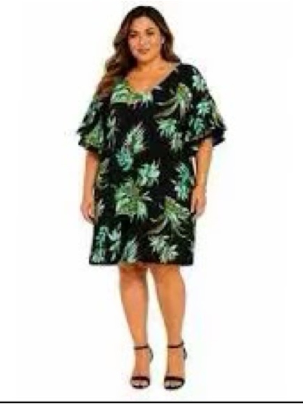Lauren Ralph Lauren Black Floral V-Neck Tunic with Green and Gold Leaves